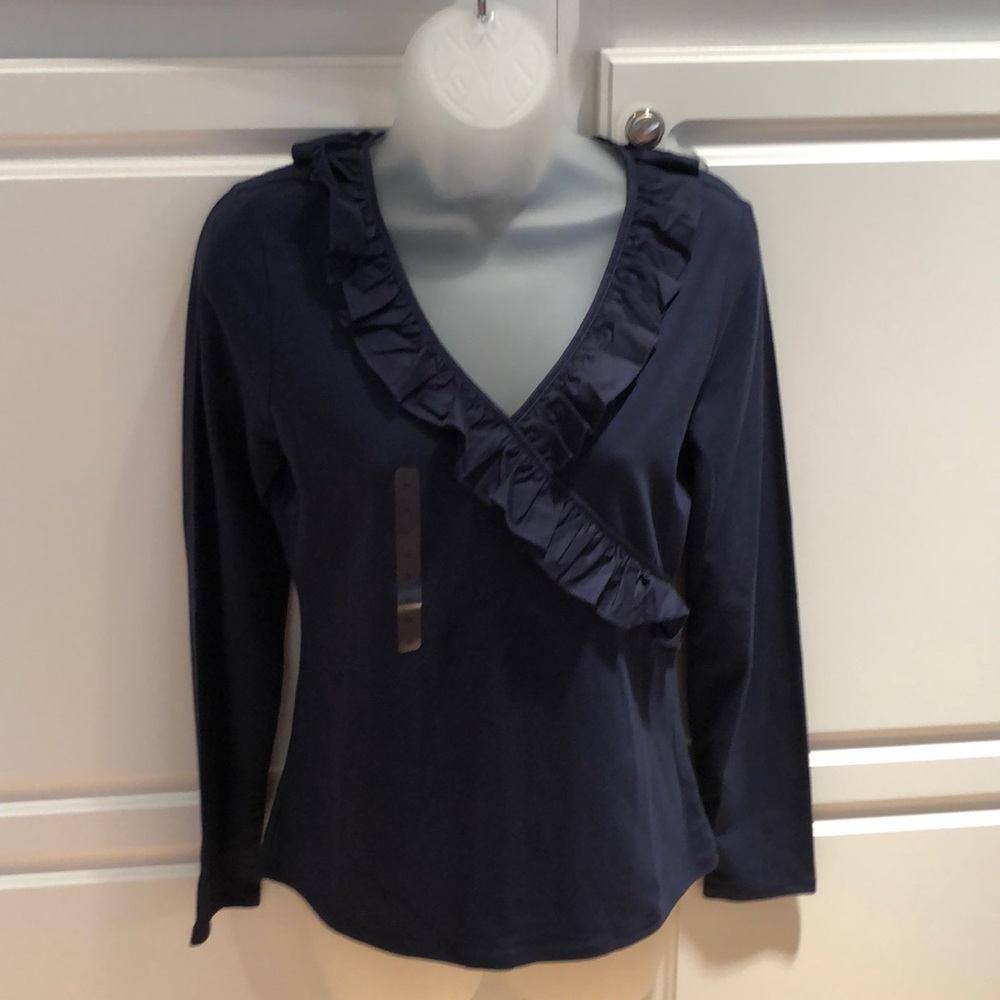 NWT Ann Taylor Ruffle neck tee. Navy. Size Small